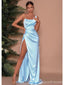 Sexy Blue Sheath One Shoulder High Slit Cheap Long Prom Dresses,13021