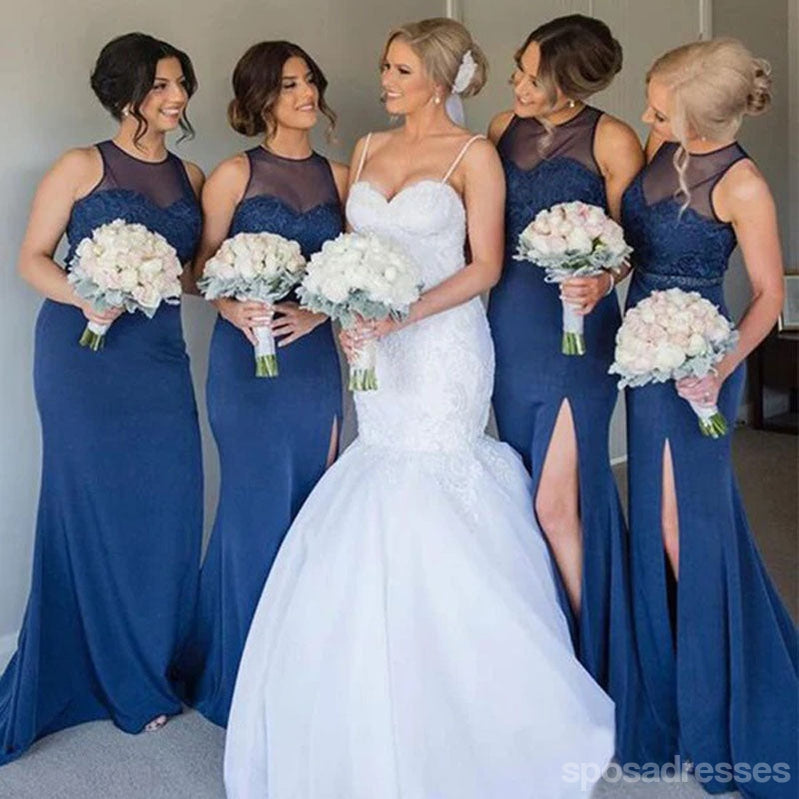 Illusion Blue Mermaid Jewel Side Slit Cheap Long Bridesmaid Dresses,WG1589