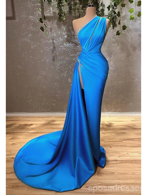 Sexy Blue Sheath One Shoulder High Slit Cheap Long Prom Dresses,13039
