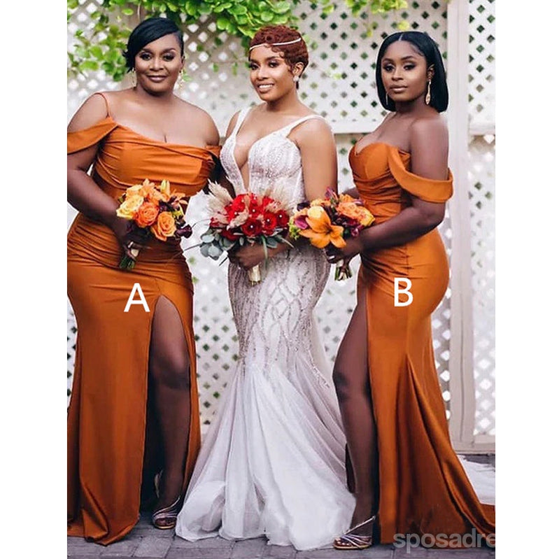 Mismatched Burnt Orange Mermaid High Slit Cheap Long Bridesmaid Dresses,WG1347