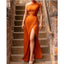 Burnt Orange Mermaid One Shoulder High Slit Cheap Long Bridesmaid Dresses,WG1363