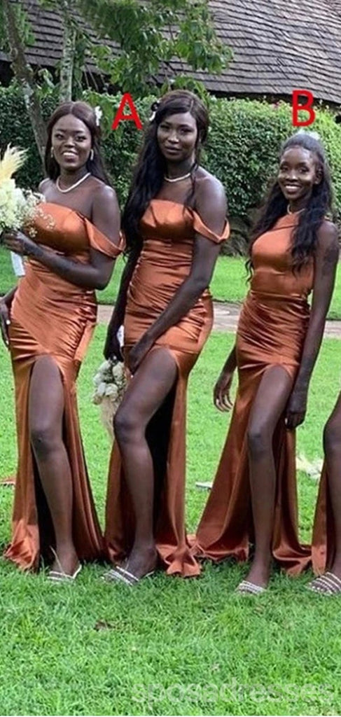 Mismatched Burnt Orange Mermaid Side Slit Long Bridesmaid Dresses,WG1231