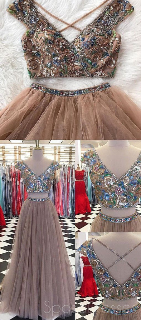 Sexy Two Pieces Cap Sleeve Heavily Beaded Long Evening Prom Dresses, Popular Cheap Long 2018 Party Prom Dresses, 17247