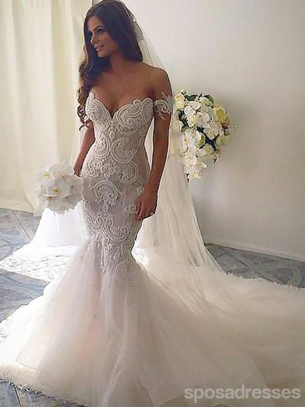 Vestidos de novia de sirena de encaje sin espalda sin hombros sexy en línea, WD420