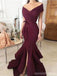 Sexy Dark Red Mermaid Off Shoulder Side Slit Cheap Long Prom Dresses,12827