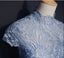 Modest High Neckline Short Sleeve Dusty Blue Long Evening Prom Dresses, Popular Long Party Prom Dresses, 17222