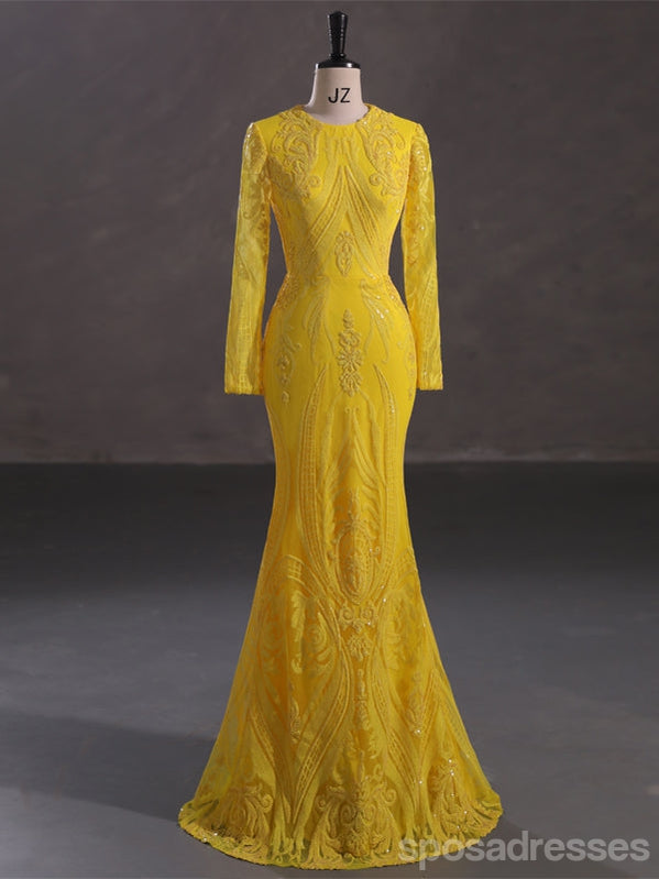 Modest Yellow Mermaid Long Sleeves Jewel Prom Dresses Online,13060