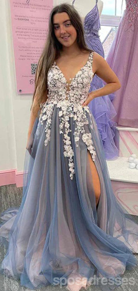 Blue A-line V-neck High Slit Sleeveless Long Prom Dresses Online,13066