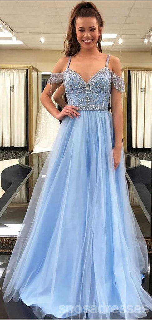 Gorgeous Blue A-line Cold Shoulder Maxi Long Prom Dresses,Evening Dresses,13111