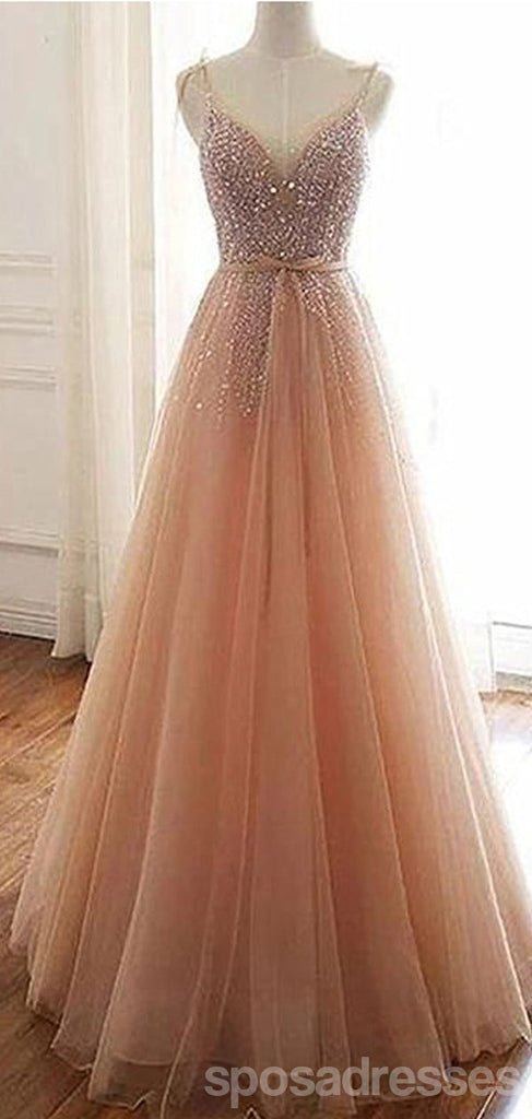 Elegant A-line Spaghetti Straps V-neck Maxi Long Prom Dresses,Evening Dresses,13141