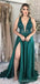 Green A-line V-neck High Slit Cheap Long Prom Dresses,Evening Party Dresses,12915