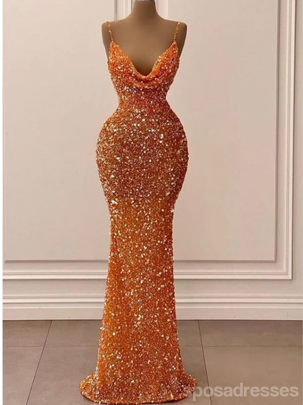 Sexy Orange Mermaid Spaghetti Straps Sleeveless Cheap Long Prom Dresses,13084