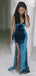 Sexy Blue Mermaid Spaghetti Straps V-neck Cheap Long Bridesmaid Dresses,WG1617