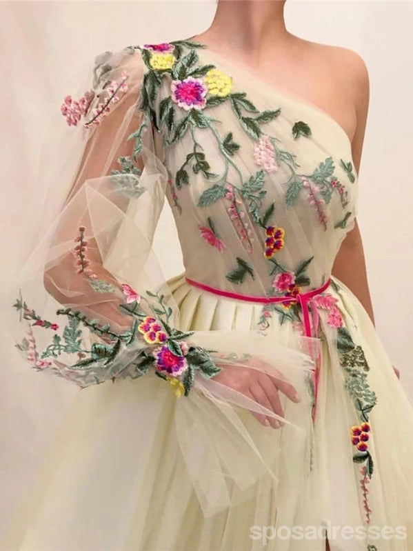 Unique A-line One Shoulder Long Sleeves Cheap Prom Dresses Online,12802