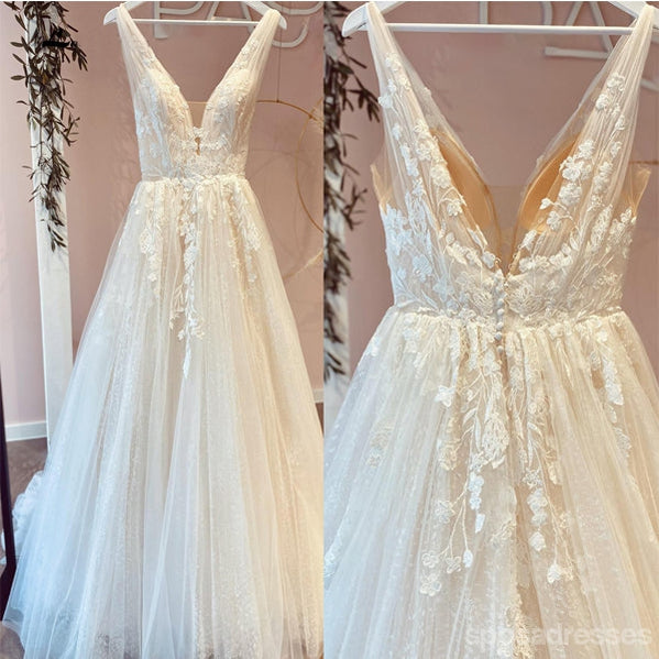 Off White A-line Straps V-neck Handmade Lace Wedding Dresses Online,WD789