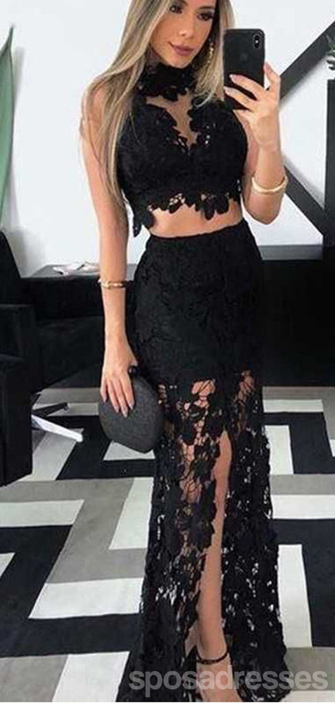Black Mermaid Two Pieces High Slit Cheap Long Prom Dresses,12946