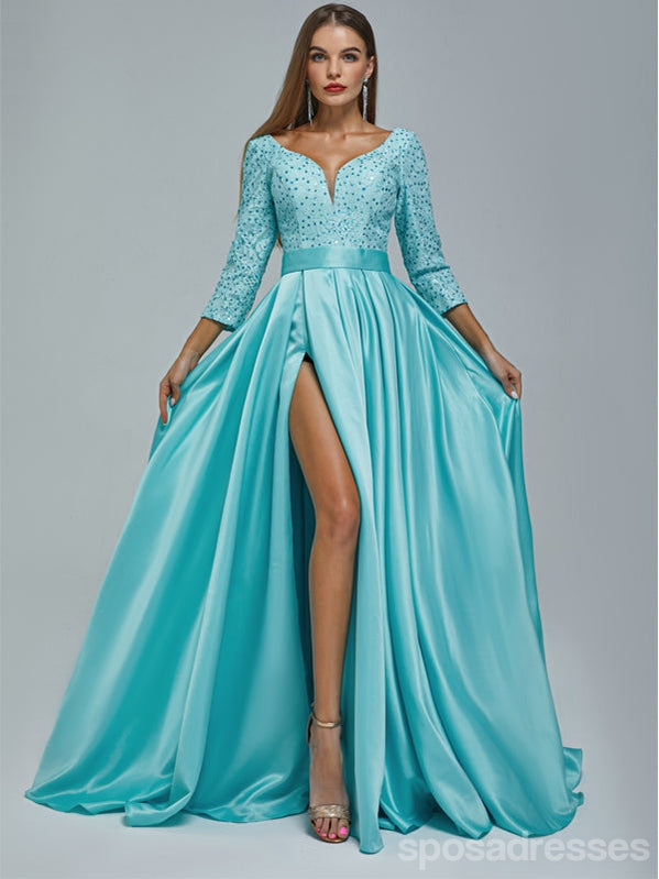 Burgundy A-line High Slit Long Sleeves Cheap Prom Dresses Online,13056