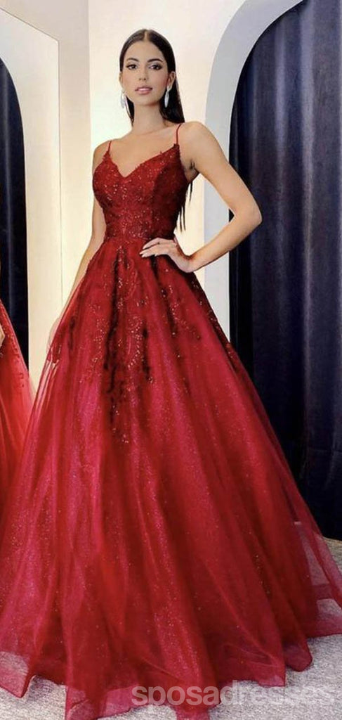 Red A-line Spaghetti Straps V-neck Cheap Long Prom Dresses Online,12719