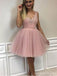 Dusty Pink V-Ausschnitt Spitze Günstige kurze Homecoming Kleider Online, CM594