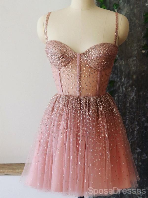 Straps Rhinestone Δείτε Μέσα Από Dusty Pink Homecoming Φορέματα Σε Απευθείας Σύνδεση, Φθηνά Κοντό Φορέματα Prom, CM819