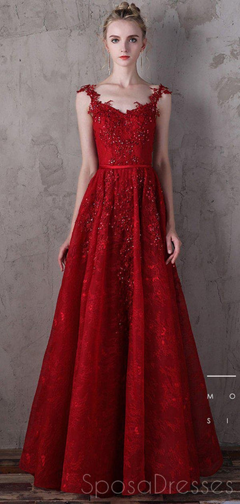 Δαντέλα ιμάντες σκούρο κόκκινο Α-γραμμή V-λαιμό φτηνά μακριά φορέματα prom βράδυ, βραδινό κόμμα prom φορέματα, 18645