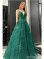 Emerald Green A-line Spaghetti Straps V-neck Cheap Long Prom Dresses,12857