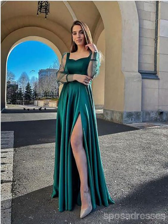 Green A-line High Slit Long Sleeves Maxi Long Prom Dresses,Evening Dresses,13112