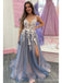 Blue A-line V-neck High Slit Sleeveless Long Prom Dresses Online,13066