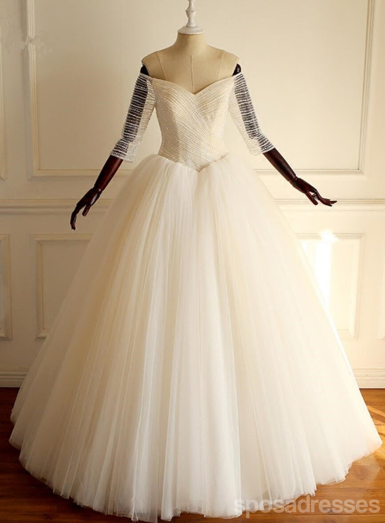 Off Shoulder Long Sleeve Beaded A-line Lace Long Custom Cheap Wedding Dresses, WD303