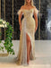 Sexy Gold Mermaid Off Shoulder Side Slit Maxi Long Prom Dresses,Evening Dresses,13143