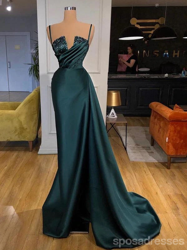 Unique Green Sheath Spaghetti Straps V-neck Cheap Long Prom Dresses,13036