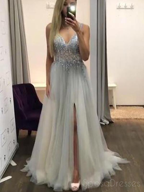 Sexy  Side Slit V Neck See Through Beaded A-line Long Evening Prom Dresses, 17646