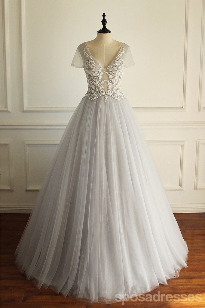 Short Sleeve See Through A Line Lace Wedding Bridal Dresses, Custom Made Wedding Dresses, Affordable Wedding Bridal Gowns, WD232
