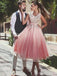 V-Ausschnitt Spitze Perlen Blush Pink Kurz Günstige Homecoming Kleider Online, CM731