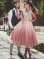 V-Ausschnitt Spitze Perlen Blush Pink Kurz Günstige Homecoming Kleider Online, CM731