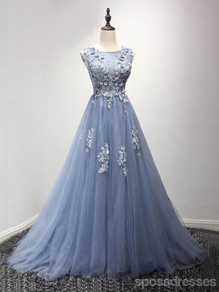 Corset Back Dusty Blue Lace Evening Prom Dresses, Popular Lace Party Prom Dresses, Custom Long Prom Dresses, Cheap Formal Prom Dresses, 17189