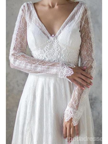 Long Sleeves Lace Backless Günstige Brautkleider Online, Günstige Brautkleider, WD543