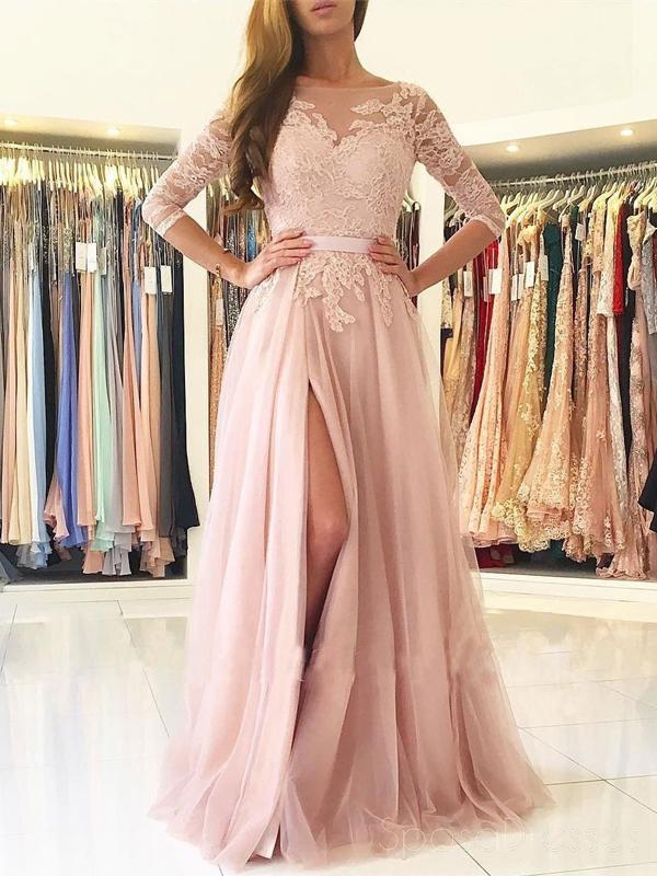 Sexy Split Blush Pink Long Sleeve Lace Evening Prom Dresses, Sexy Party Prom Dresses, 17141