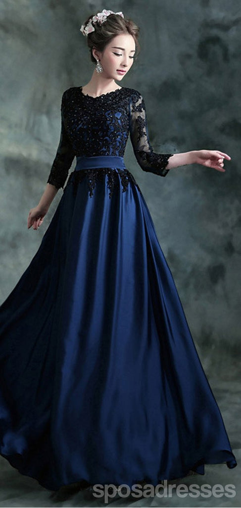 Navy Blue A-line Jewel 3/4 Sleeveless Long Prom Dresses Online,12642