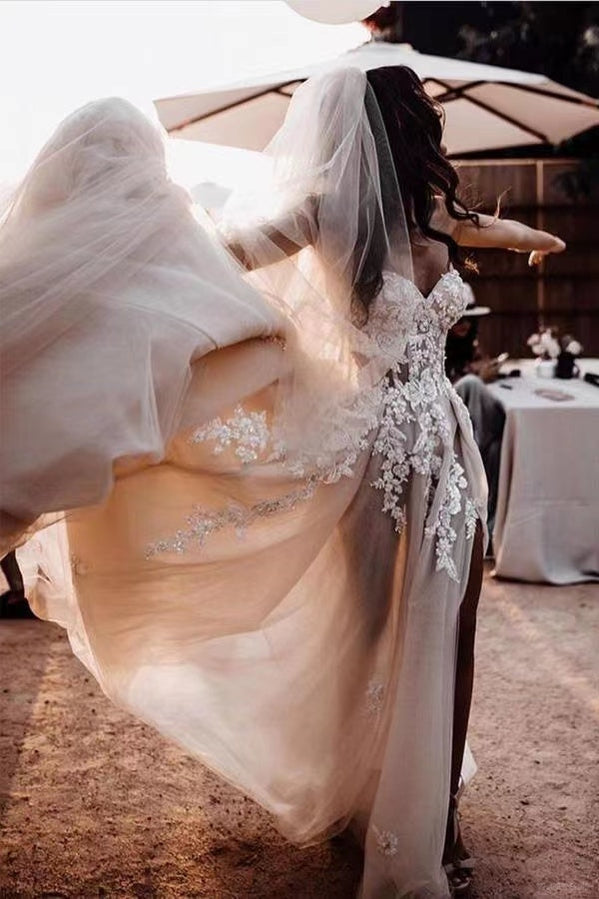 A-line Sweetheart High Slit Handmade Lace Wedding Dresses,WD797