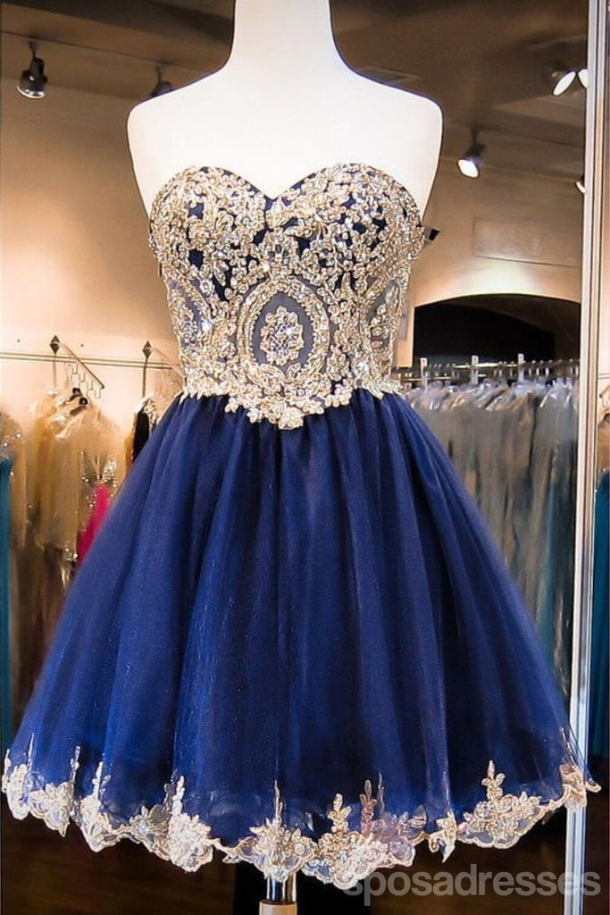 Navy Blue Skirt Gold Lace Beaded homecoming prom dresses, CM0027