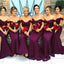Burgundy Off Shoulder Lace Γοργόνα Φτηνές Μακριές Φορέματα Παράνυμφων Online, WG310