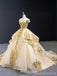 Off Shoulder Gold Applique Ball Gown Wedding Dresses, Gold Wedding Gown, WD709