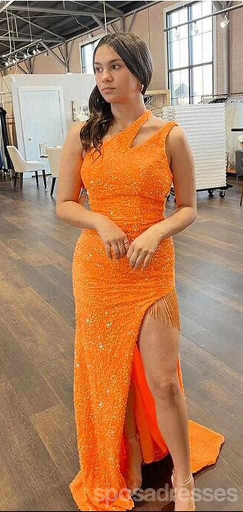 Sexy Orange Mermaid One Shoulder High Slit Maxi Long Prom Dresses,13198