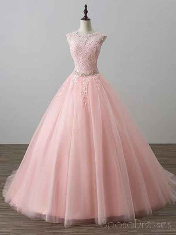 Blush Pink Open Back Lace Illusion A line Skirt Long Evening Prom Dresses, 17555