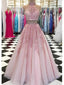 Sexy Halter Two Pieces Pink Lace Long Evening Prom Dresses, Cheap Custom Sweet 16 Dresses, 18538