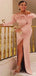 Pink Mermaid Off Shoulder Long Sleeves High Slit Cheap Long Prom Dresses,12916