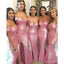 Pink Mermaid Off Shoulder Side Slit V-neck Cheap Long Bridesmaid Dresses,WG1370