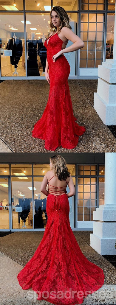 Red Mermaid Spaghetti Straps V-Neck Backless Long Prom Dresses Online,12632