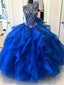Royal Blue Ball Gown High Neck Rheinstein Perlen Lange Abend Prom Dresses, 17689